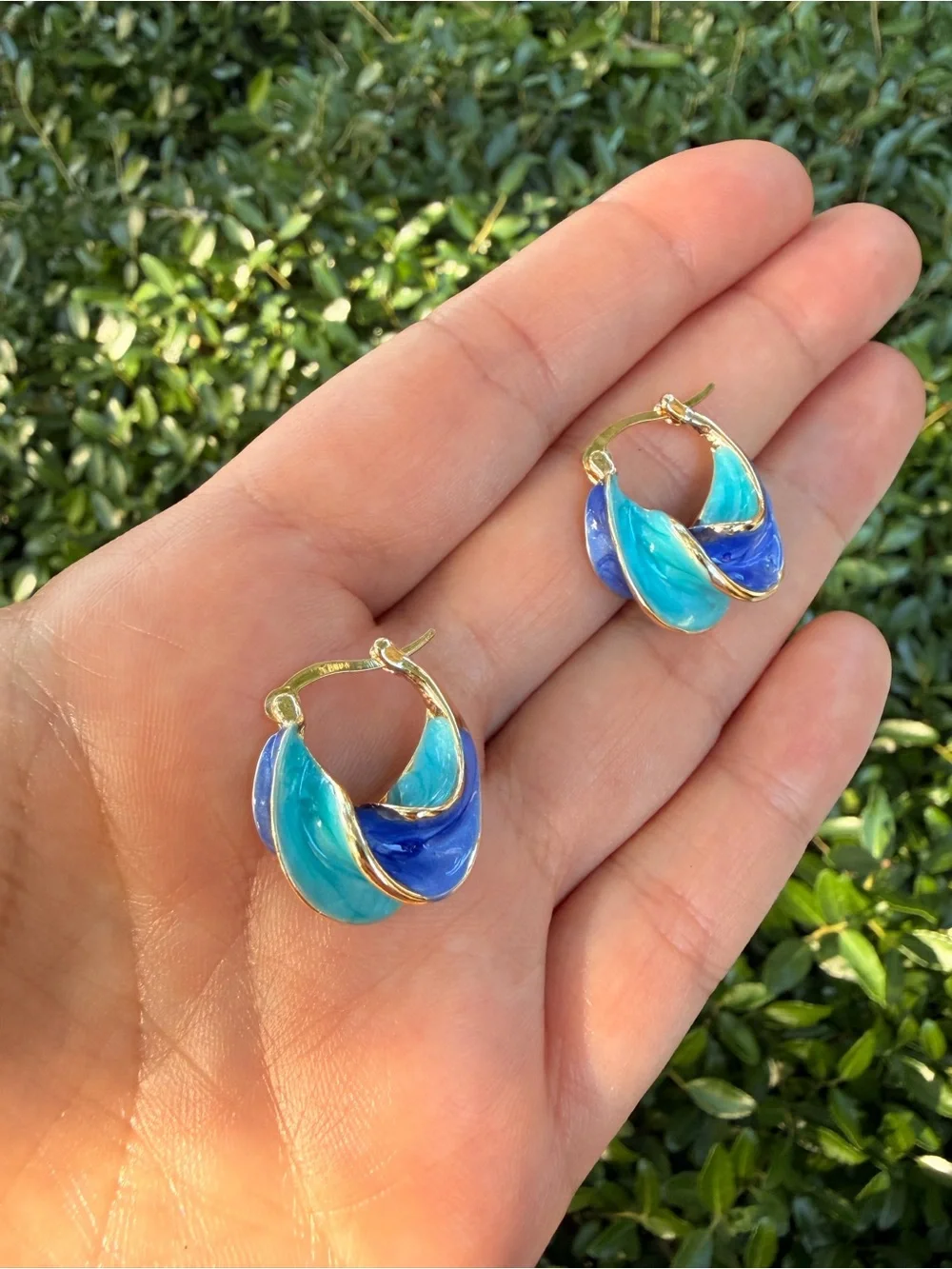 Gold-Tone Hoop Earrings with Blue & Teal Enamel - Picture 4 of 7
